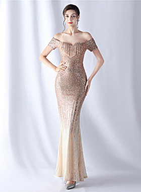修身晚礼服女轻奢高端大气奢华高级感亮闪闪一字肩长款鱼尾连衣裙