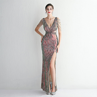 主持人时尚长款宴会修身晚礼服裙