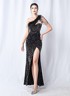 晚礼服女高级感公司年会晚会宴会主持人重工亮闪闪斜肩单肩连衣裙