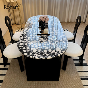新品 复古水磨石椭圆形白蜡木餐桌家用网红小户型设计师高级感 法式