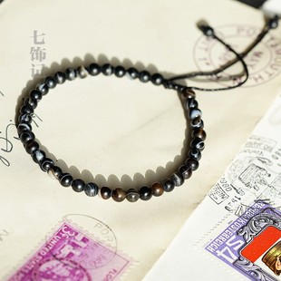 逢凶化吉！藏区老矿天眼缠丝玛瑙细手链男高级感黑色石头手串小众
