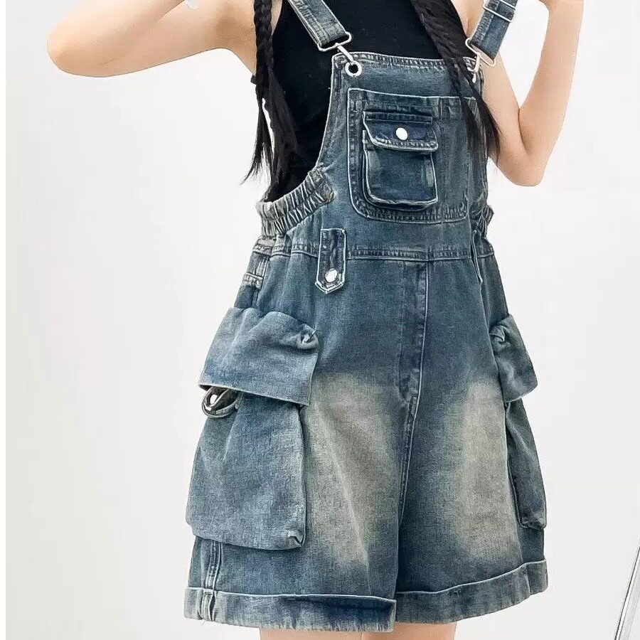 美式复古牛仔工装背带裤女2026夏季新款宽松显瘦阔腿连体五分短裤