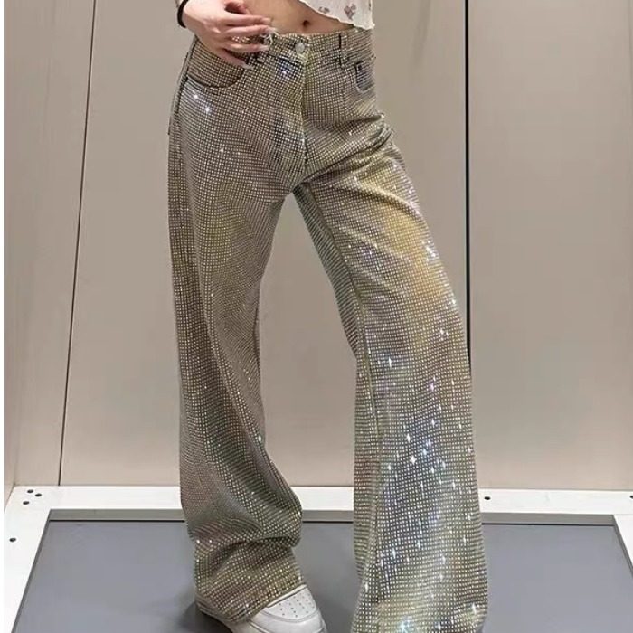 闪亮烫钻满天星牛仔裤女秋新款高腰宽松显瘦百搭直筒阔腿拖地裤潮
