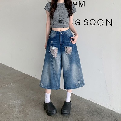 破洞阔腿牛仔短裤宽松高腰七分裤