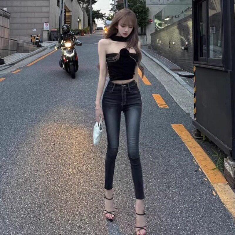 高腰弹力小脚牛仔裤女春秋新款修身显瘦磨白铅笔毛边辣妹九分靴裤