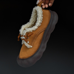 复古圆头3cm厚底加绒真皮休闲鞋秋冬系带毛毛鞋女东北保暖棉鞋子