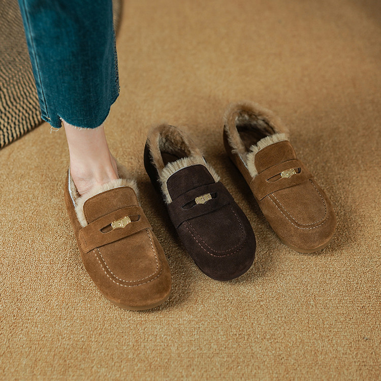 复古牛翻皮羊羔毛乐福鞋