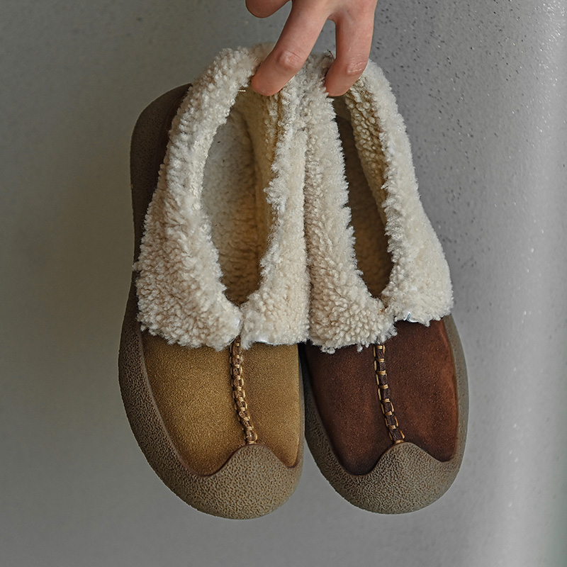 磨砂牛皮圆头平底加绒加厚毛毛鞋