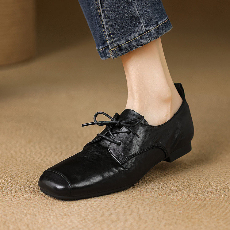 黑色真皮深口系带单鞋女百搭头层牛皮方头小皮鞋舒适平底工作鞋40,女鞋,深口单鞋,淘宝优惠券,粉丝福利购,淘宝优惠卷