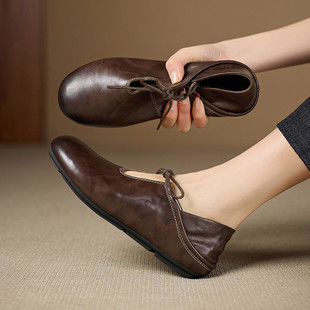 2026早春新款圆头软面软底玛丽珍单鞋女~复古百搭系带平底鞋40码