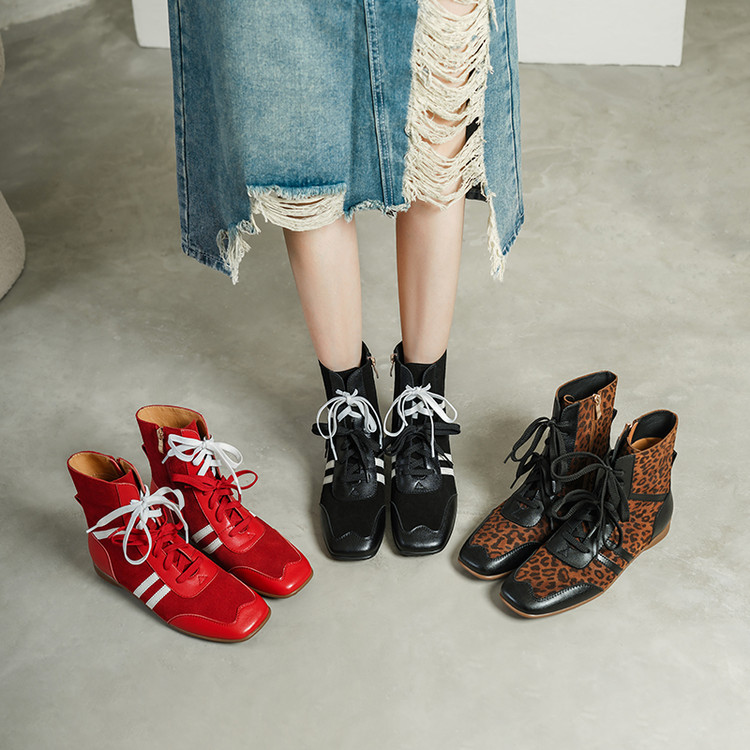 复古方头拼接豹纹拳击靴女