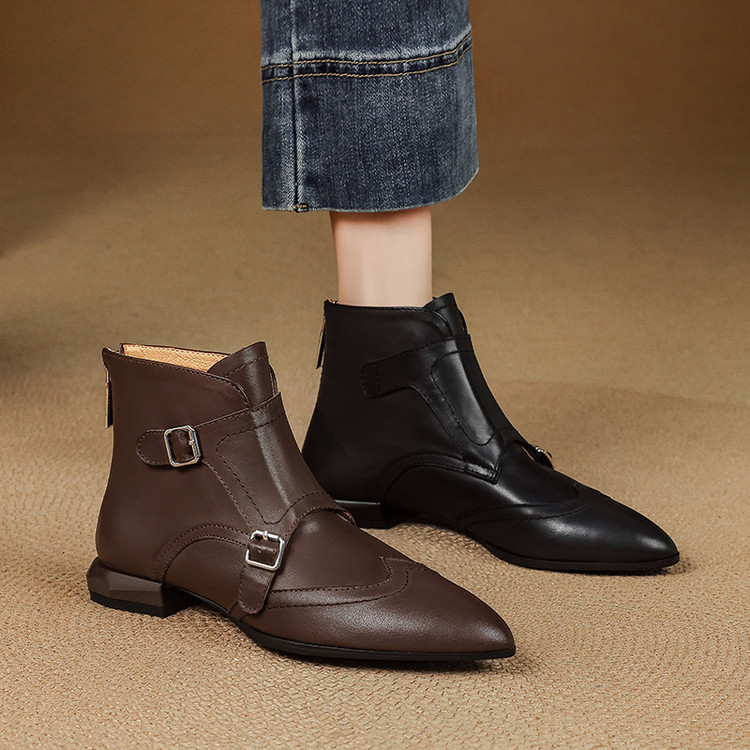 复古尖头双搭扣头层牛皮短靴女