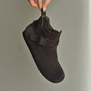 复古磨砂牛皮勃肯鞋圆头短靴女2cm低跟真皮休闲皮带扣侧拉链靴子