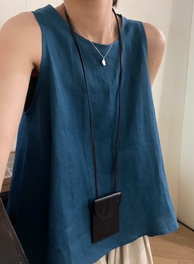 2023简韩巨显白麻料背心上衣韩国宽松大摆边吊带显瘦遮肉可叠穿