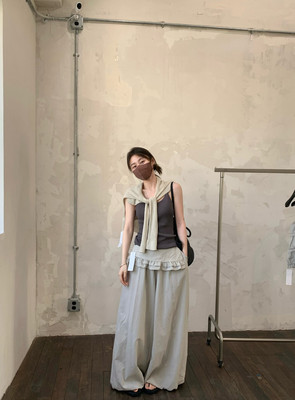 FOCUSE P帘裤可拆卸裙帘花边松紧腰阔腿裤韩国萝卜气球裤