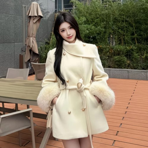 高端夹棉千金风中长款毛呢外套