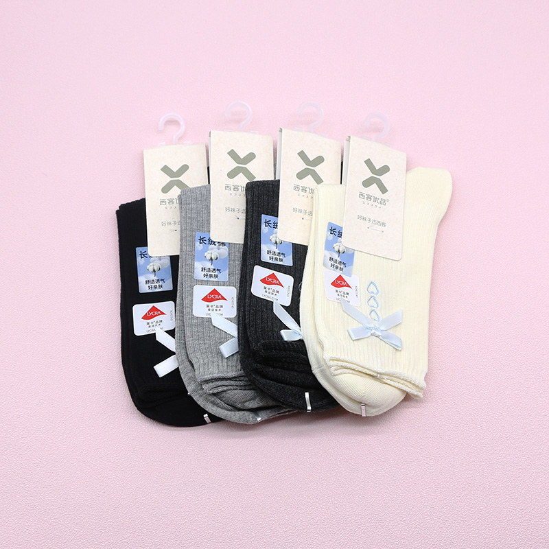 西客优品冬蝴蝶结刺绣中筒女袜
