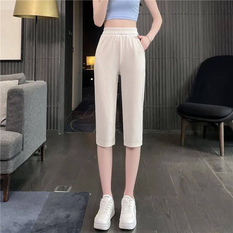 冰丝高腰七分哈伦裤女2026夏季新款显瘦宽松运动休闲萝卜裤薄款