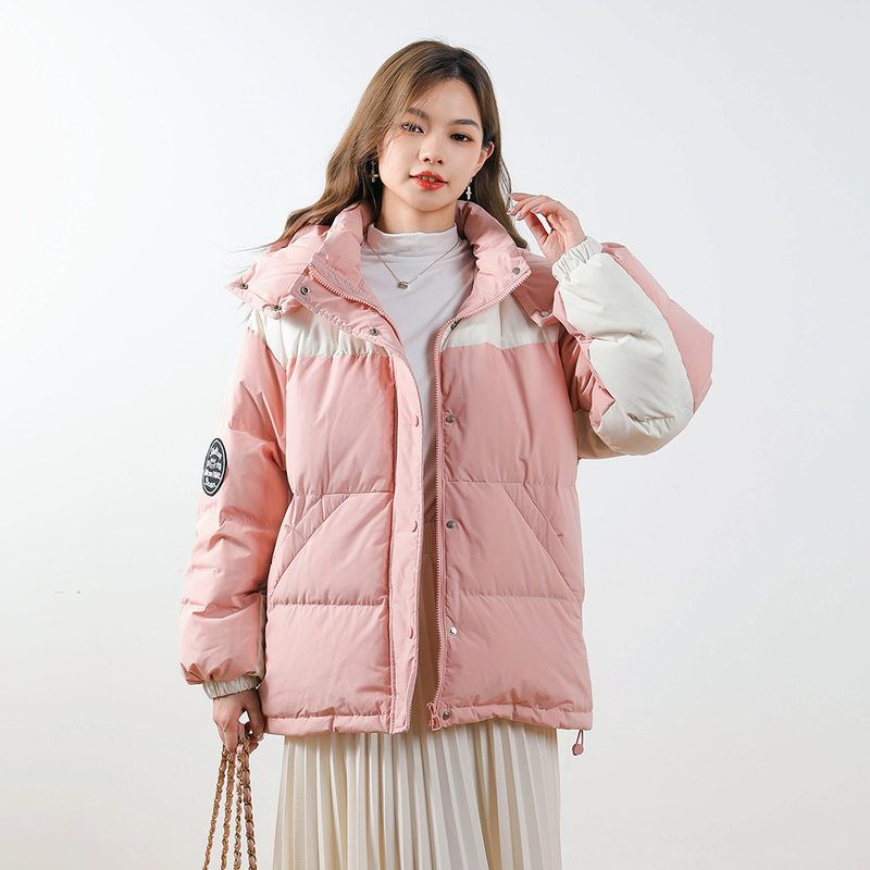 寒冬思羽面包服拼色简约新款撞色白鸭连帽加厚外套冬装羽绒服女