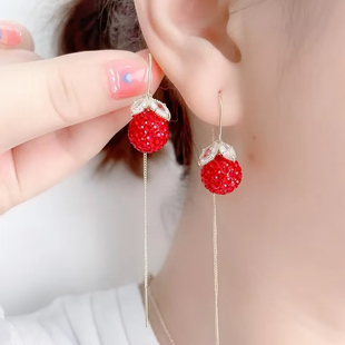 设计感时尚红色钻球耳环长款流苏耳线气质网红百搭耳饰新款潮耳坠