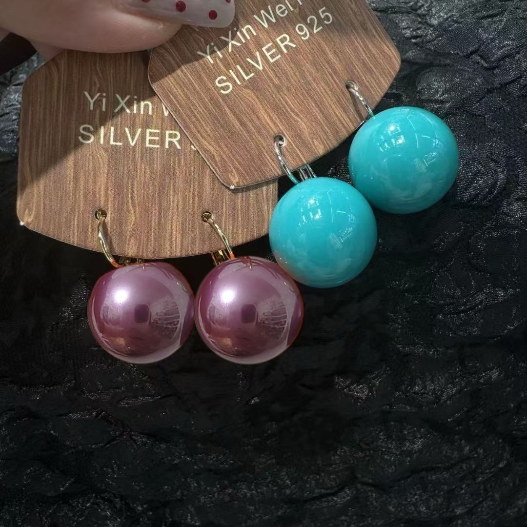 港风复古夸张大珍珠耳扣式耳环女小众独特紫色人鱼姬个性耳坠耳饰