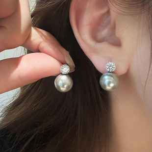 时尚 简约灰色珍珠银针耳钉微镶锆石耳环日常通勤百搭个性 气质耳饰