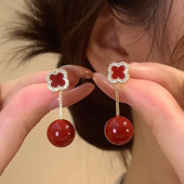 新年红珍珠耳环女轻奢高级感新年耳钉2024新款 爆款 两戴四叶草耳饰