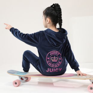 高级藏青色天鹅绒套装 女大童春秋女孩时尚 时髦连帽运动服 新款 秋季