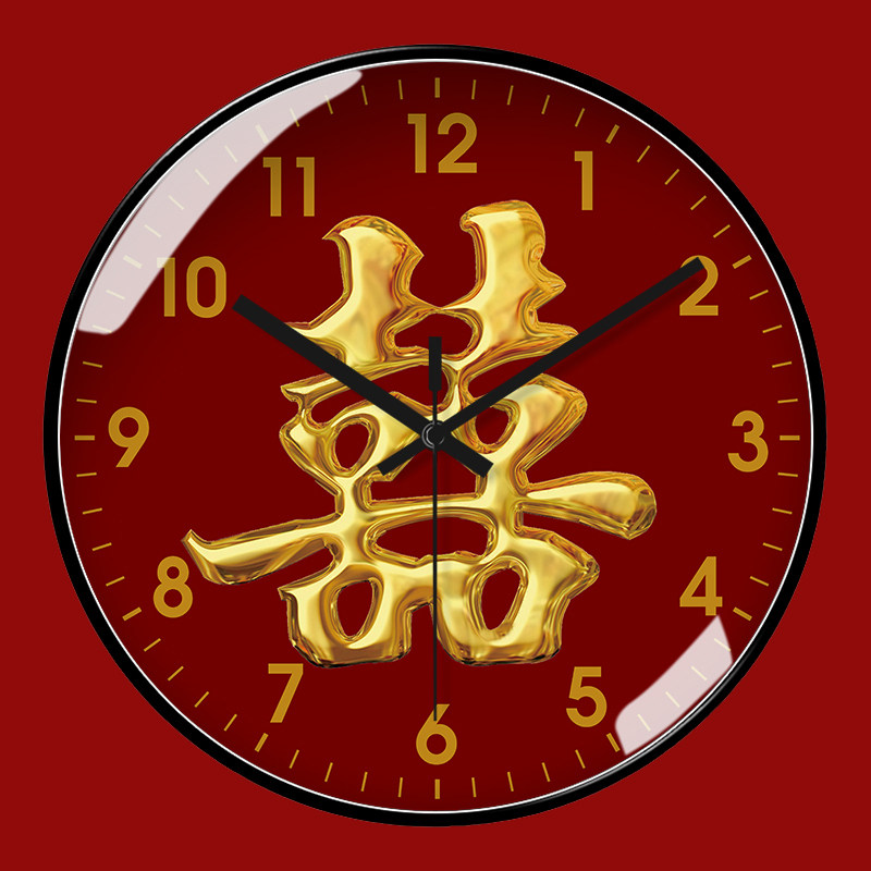 婚庆双喜挂钟客厅卧室装饰挂墙时钟表情侣照片名字圆形石英钟静音