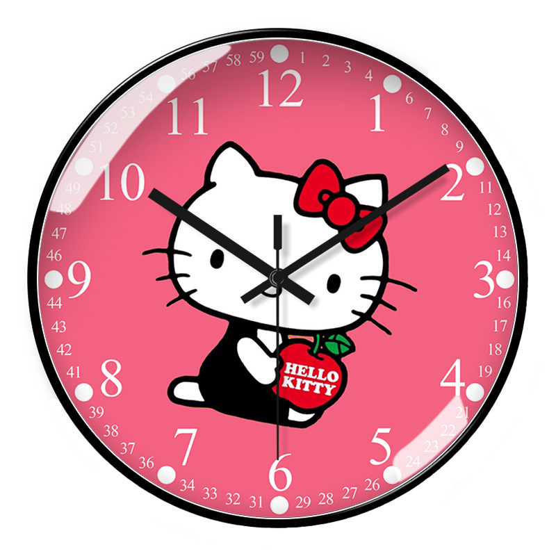 创意kitty猫卡通静音客厅挂钟早教家用时钟挂墙表自动对时电波钟