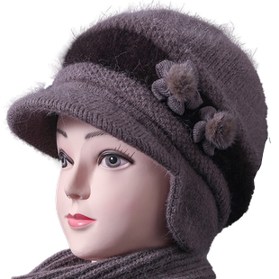 中老年人妈妈毛线帽女士冬季加绒加厚兔毛保暖老太太奶奶帽子洋气