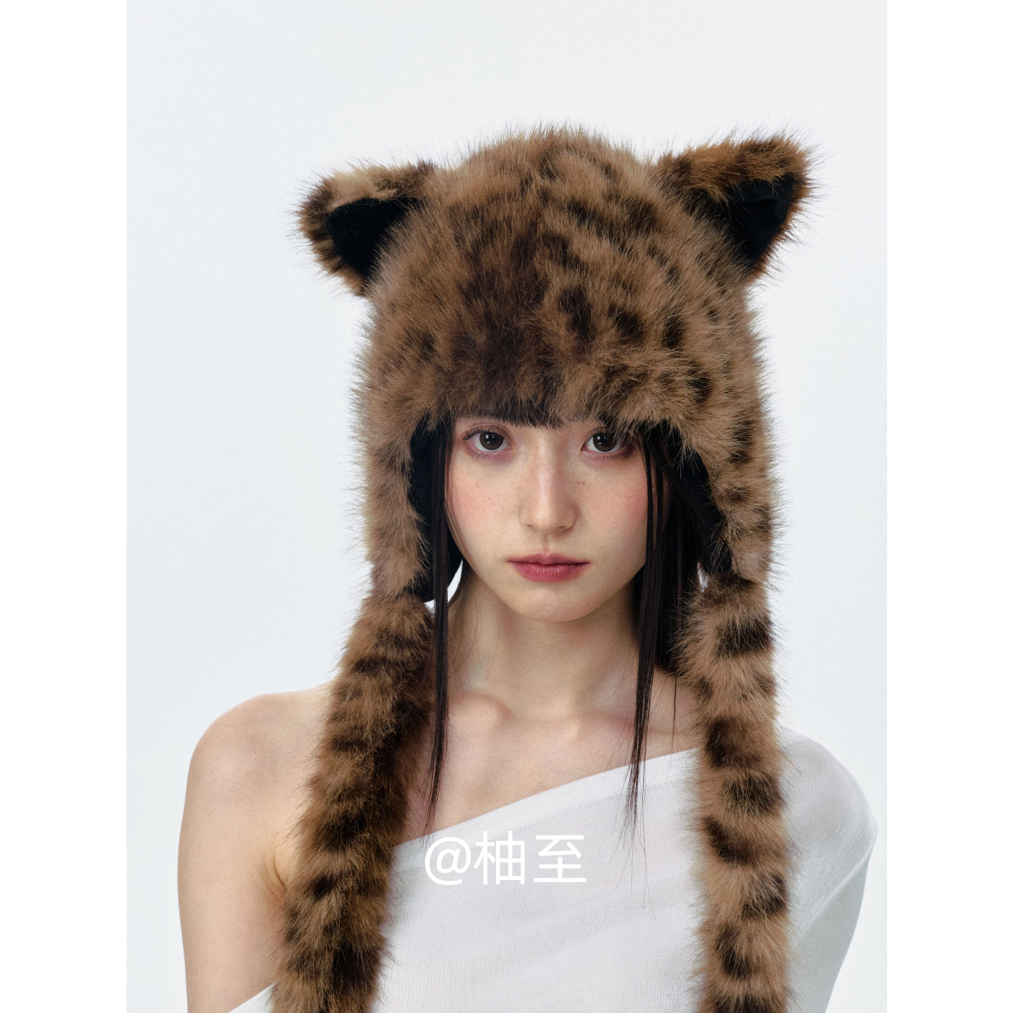 时髦豹纹动物耳朵毛绒帽子女秋冬韩版日系百搭防寒保暖护耳帽ins