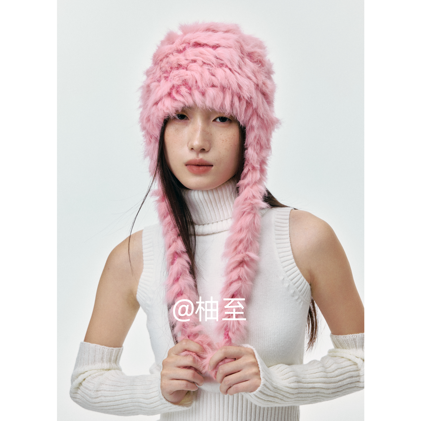 定制款手工粉色兔毛绒真毛绑带护耳帽子呢秋冬韩系保暖包头帽ins