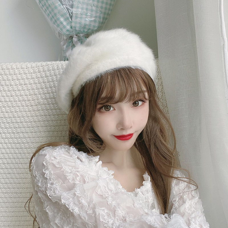 春秋可爱白色兔毛毛绒贝雷帽