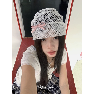 y2k小众镂空蕾丝帽子包头帽女蝴蝶结韩版ins薄款针织帽春夏堆堆帽