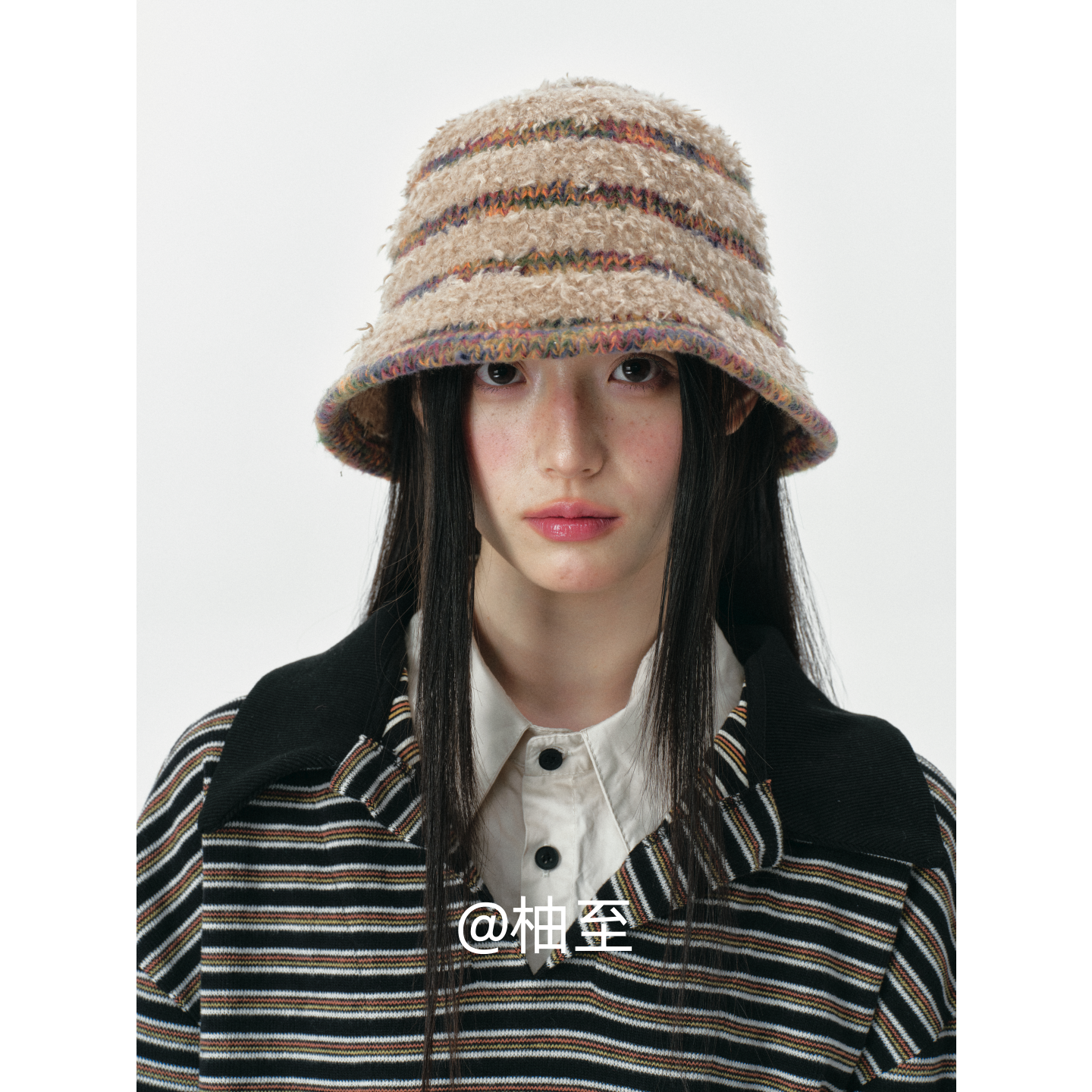 复古彩色条纹渔夫帽女秋冬韩版日系显脸小盆帽时尚毛绒帽子潮ins