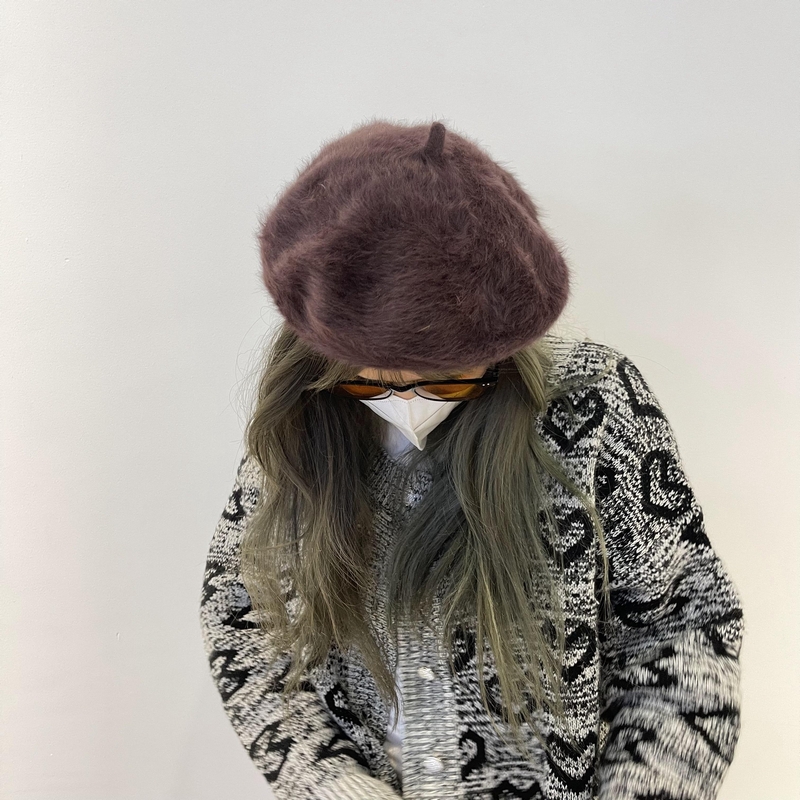 咖啡色兔毛贝雷帽女秋冬
