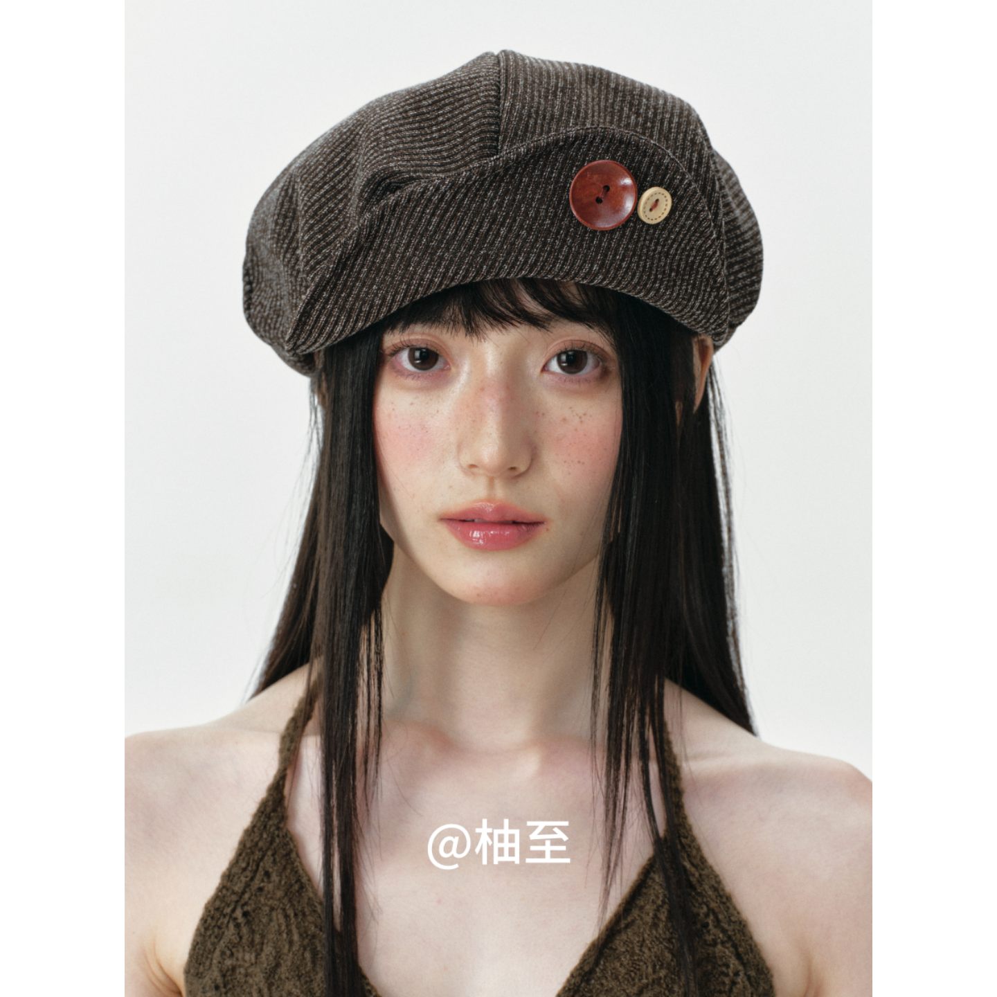 复古条纹纽扣画家帽子女春秋韩版日系百搭贝雷帽显脸小报童帽ins