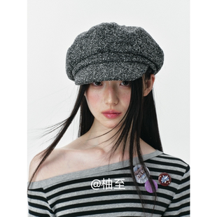 时髦街头条纹报童帽子女春秋韩版 日系八角贝雷帽显头小鸭舌帽ins