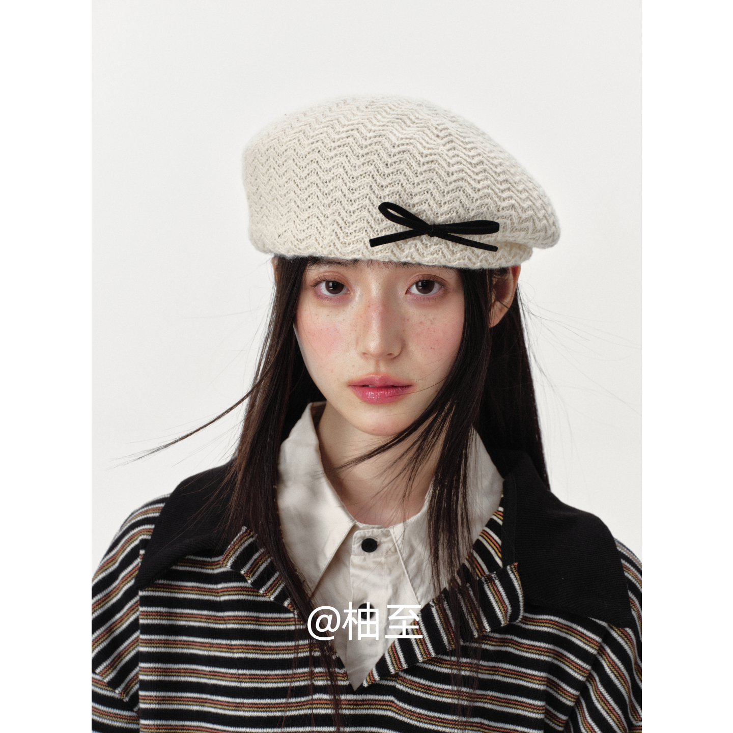 蝴蝶结秋冬新款针织贝雷帽子女韩版日系百搭街头显脸小画家帽ins