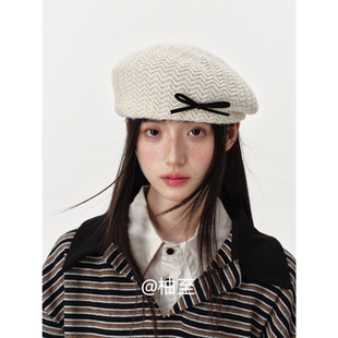 蝴蝶結(jié)秋冬新款 日系百搭街頭顯臉小畫家帽ins 針織貝雷帽子女韓版