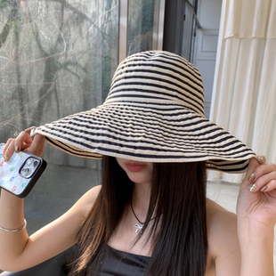 優雅復古大沿可折疊條紋漁夫帽女春夏度假海邊沙灘帽子遮陽太陽帽
