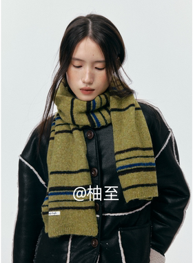 时尚军绿色条纹围巾女秋冬街头文艺复古防寒保暖护颈围脖披肩ins