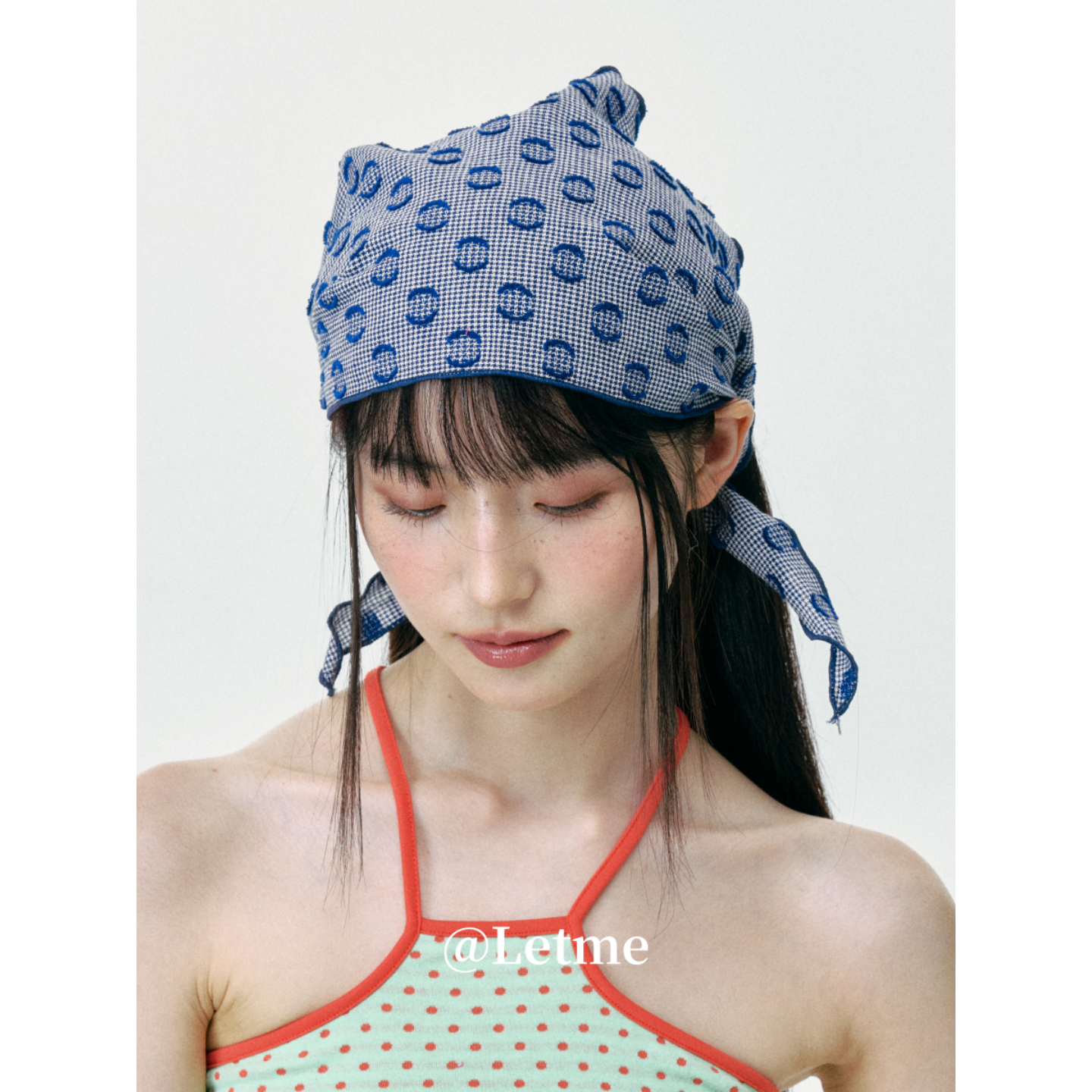 复古蓝色格纹小清新三角巾女夏季薄款丝巾女韩版日系围脖头巾帽子