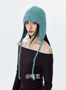 湖蓝色绑带毛绒护耳帽子女春秋冬韩版日系百搭显脸小雷锋帽潮ins