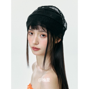 透氣薄款 黑色蕾絲包頭帽女夏季 街頭凹造型顯臉小堆堆帽套頭帽子潮