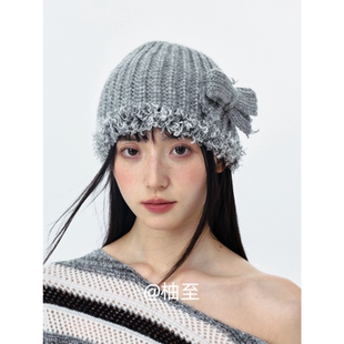 蝴蝶结毛边针织帽子女春秋冬季 日系百搭毛线包头帽潮ins 街头韩版