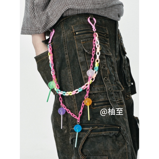 裤 可爱棒棒糖裤 日系亚克力牛仔裤 春秋街头韩版 子链条腰饰 链女夏季