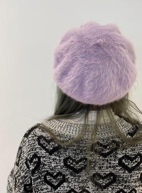 香芋紫色兔毛绒贝雷帽女秋冬韩版日系毛毛帽子可爱紫罗兰色画家帽