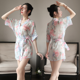 性感内衣女睡袍浴袍内衣套装薄款印花睡衣绑带三件套透明雪纺纯欲
